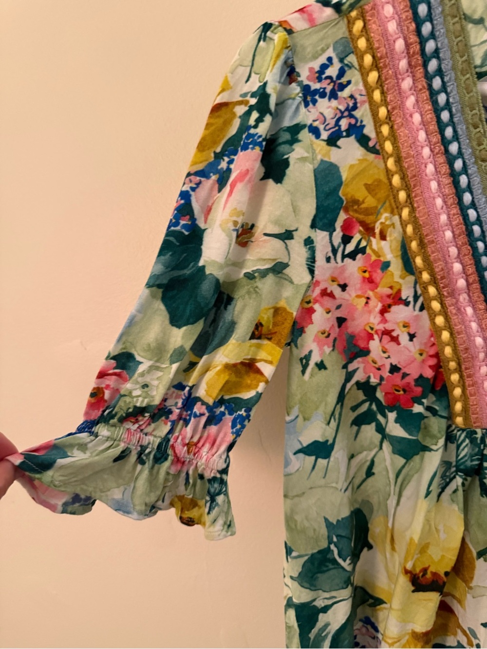 Anthropologie Floral Embroidered V-Neck Peasant Top - Green Multi. - Picture 3 of 10